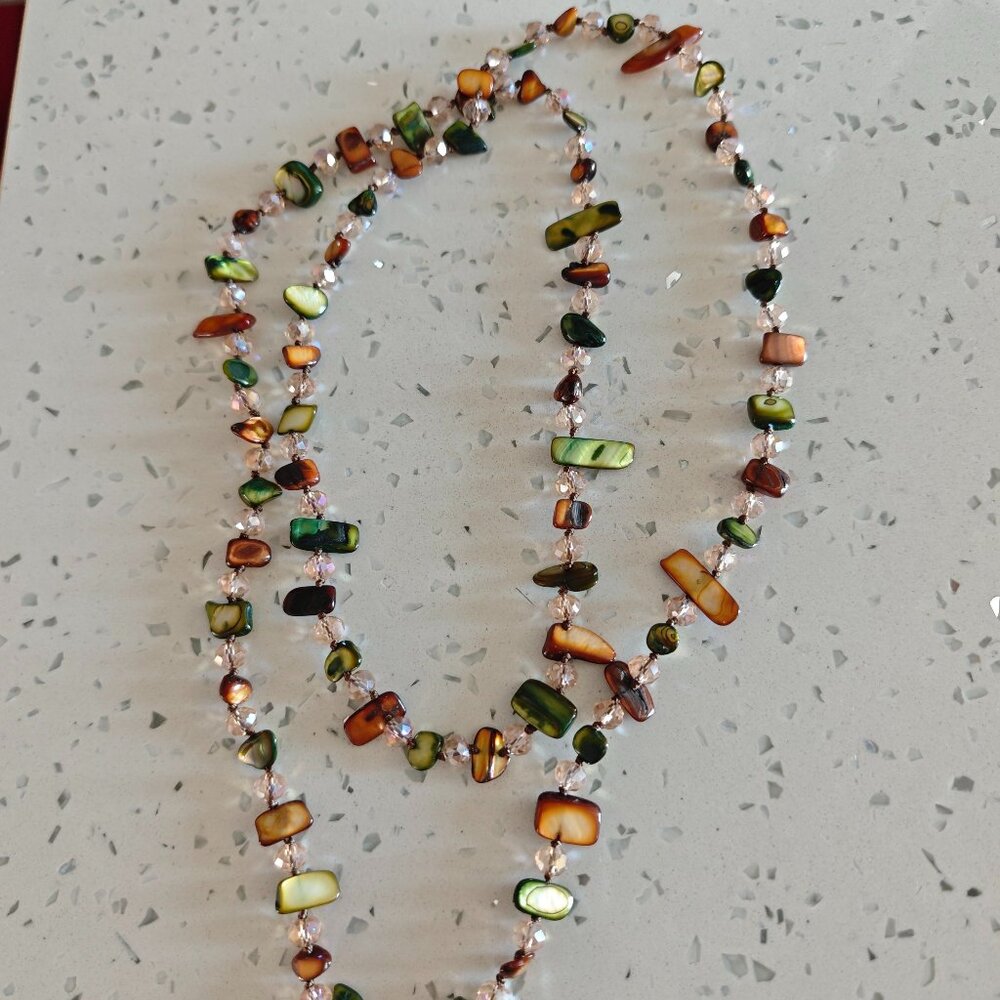 Boho Layered Shell & Beaded Long Necklace - Multi-Color Earth Tones